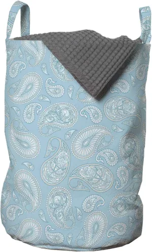 Ambesonne Blue Paisley Laundry Bag, Rhythmic Pine Cone Inspired Ethnic Motifs Illustration Print, Hamper Basket with Handles Drawstring Closure for Laundromats, 13" x 19", Pale Blue and Champagne