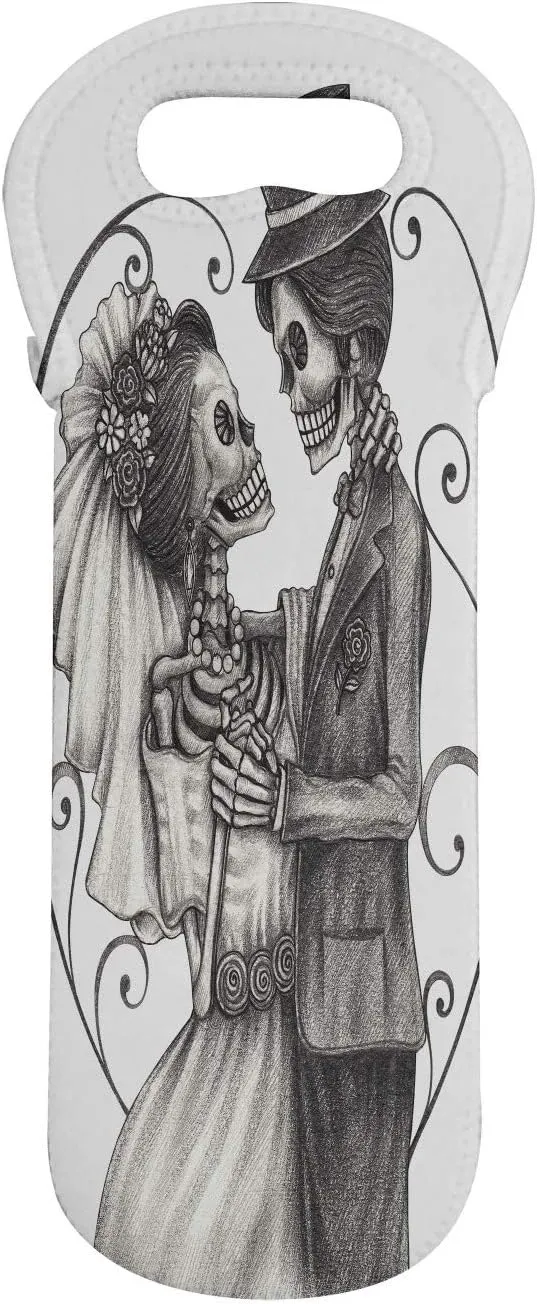 Ambesonne Day of the Dead Wine Bottle Carrier, Love Skull Skeleton Marriage Eternal Love Theme Spanish Art, Portable Neoprene Bag for Champagne and Water Bottles, 1 Bottle, Dimgrey and White
