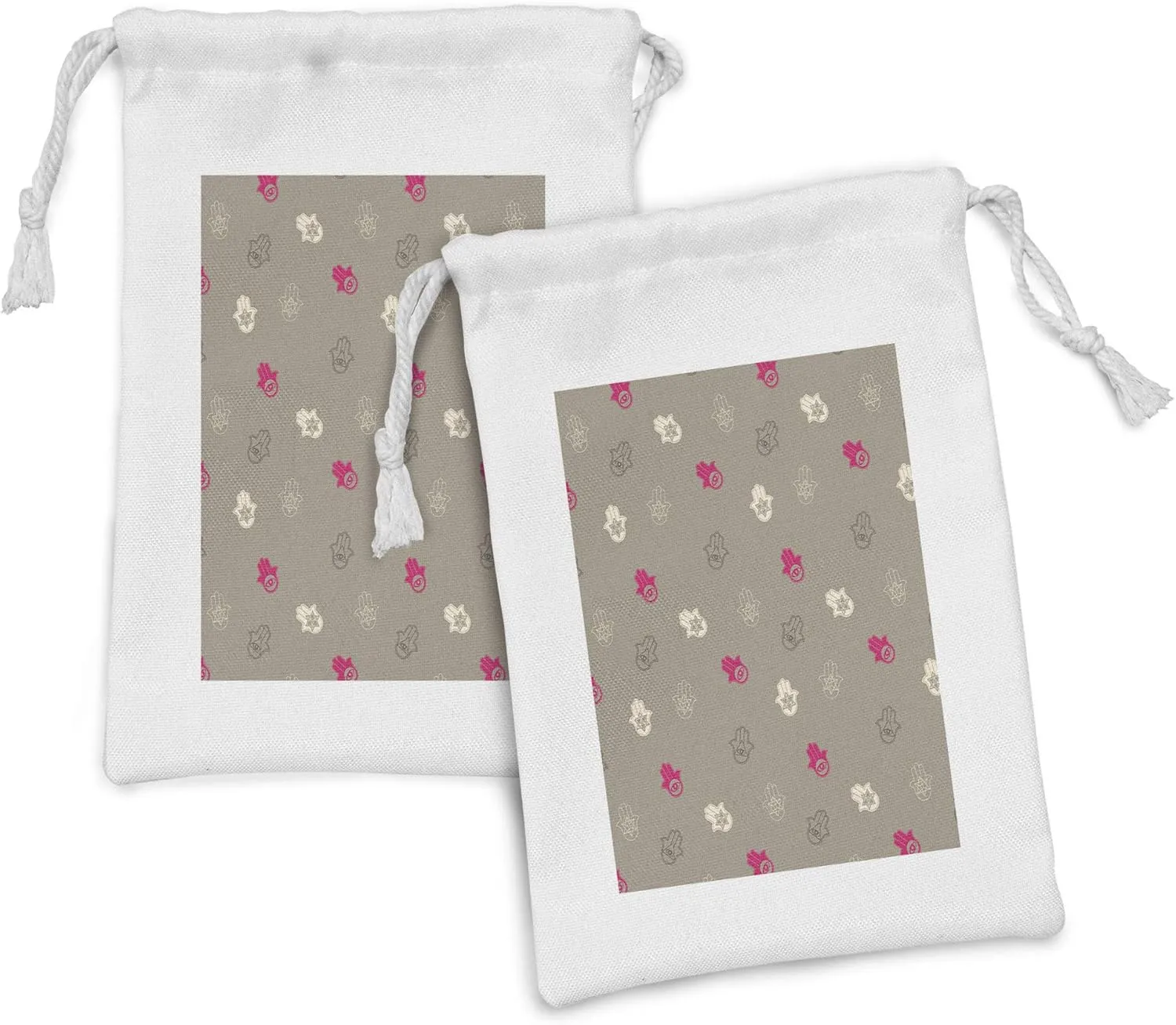 Ambesonne Ethnic Fabric Pouch Set of 2, Pattern of Hamsa Kabbalah Traditional Symbolic Elements, Small Drawstring Bag for Toiletries Masks and Favors, 9" x 6", Dark Tan Champagne