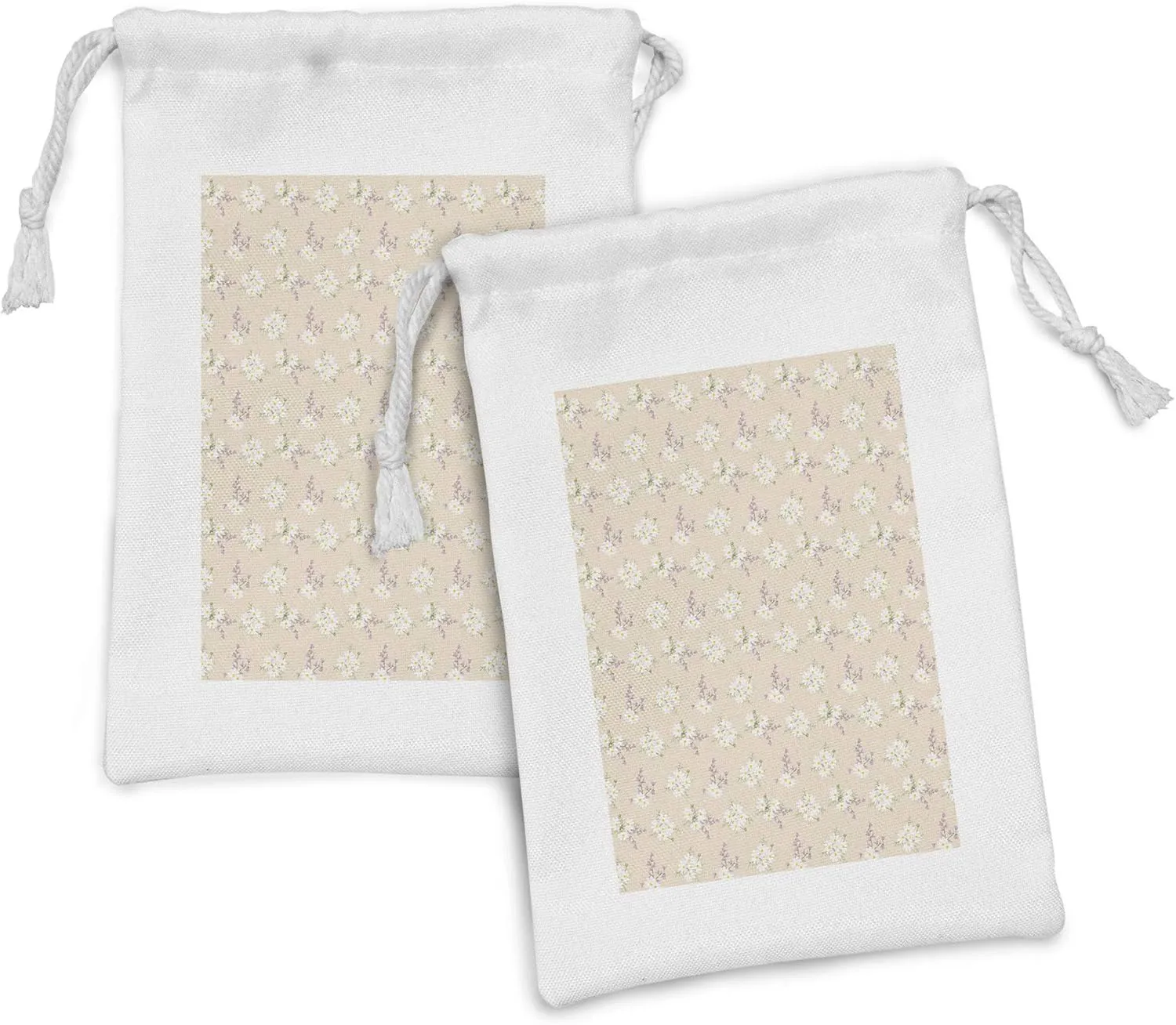 Ambesonne Floral Fabric Pouch Set of 2, Arranged Rhythmic Romantic Spring Flowers in Soft Tones and Strokes, Small Drawstring Bag for Toiletries Masks and Favors, 9" x 6", Champagne Mauve and Green