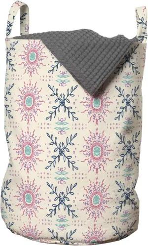 Ambesonne Floral Laundry Bag, Ornamental Mediterranean Print with Leafy Streaks Oriental and Hipster, Hamper Basket with Handles Drawstring Closure for Laundromats, 13" x 19", Champagne and Multicolor
