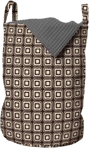 Ambesonne Geometric Laundry Bag, Tribal Motifs with Concentric Squars Abstract Aboriginal Patterns, Hamper Basket with Handles Drawstring Closure for Laundromats, 13" x 19", Seal Brown and Champagne