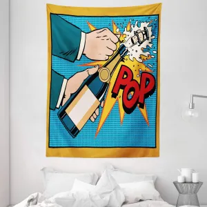 Ambesonne Graduation Tapestry, Celebration Ceremony Opening a Bottle of Champagne Pop Art Retro Style Print, Wall Hanging for Bedroom Living Room Dorm Decor, 60" X 80", Multicolor