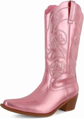 AMINUGAL Cowboy Boots for Women Mid Calf Cowgirl Boots Pointed Toe Chunky Heel Embroidered Western Boots Women Pull On Fashion Retro Classic Ankle Boots