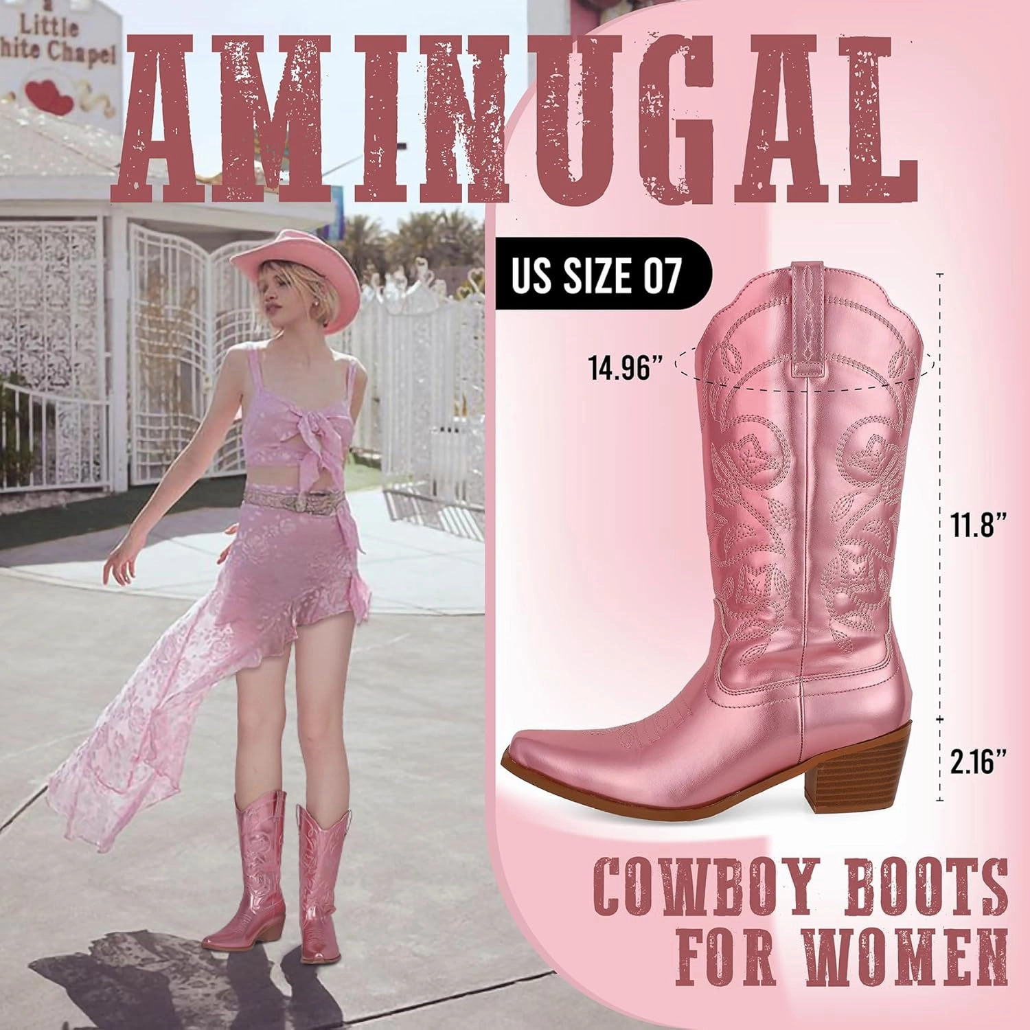 AMINUGAL Cowboy Boots for Women Mid Calf Cowgirl Boots Pointed Toe Chunky Heel Embroidered Western Boots Women Pull On Fashion Retro Classic Ankle Boots