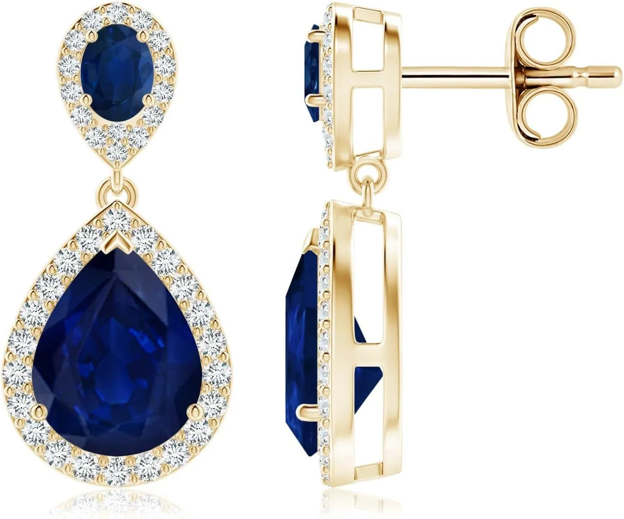 ANGARA Natural Oval & Pear Blue Sapphire Drop Earrings with Diamond Halo in 14K Solid Gold/Platinum | September Birthstone, Birthday, Engagement, Anniversary, Wedding Jewelry Gift for Women