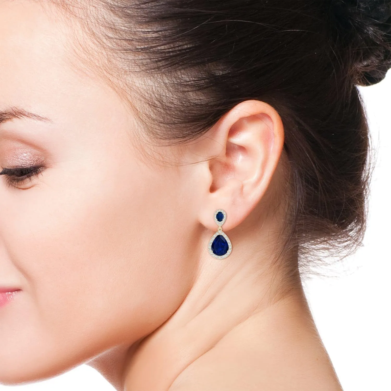 ANGARA Natural Oval & Pear Blue Sapphire Drop Earrings with Diamond Halo in 14K Solid Gold/Platinum | September Birthstone, Birthday, Engagement, Anniversary, Wedding Jewelry Gift for Women