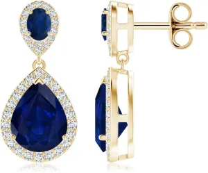 ANGARA Natural Oval & Pear Blue Sapphire Drop Earrings with Diamond Halo in 14K Solid Gold/Platinum | September Birthstone, Birthday, Engagement, Anniversary, Wedding Jewelry Gift for Women