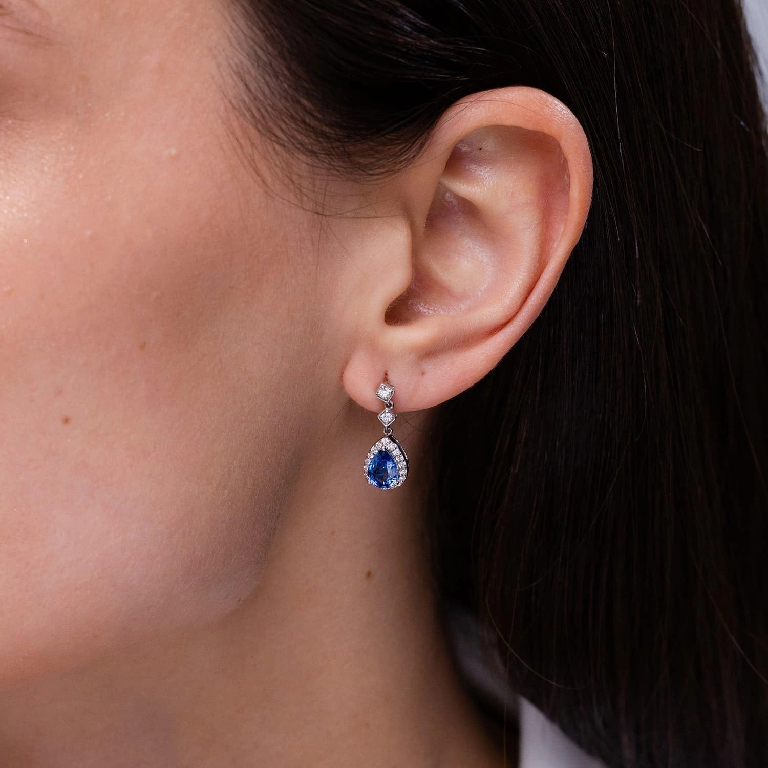 ANGARA Natural Pear Blue Sapphire Drop Earrings with Diamond Halo in 14K Solid Gold/Platinum | September Birthstone, Birthday, Engagement, Anniversary, Wedding Jewelry Gift for Women