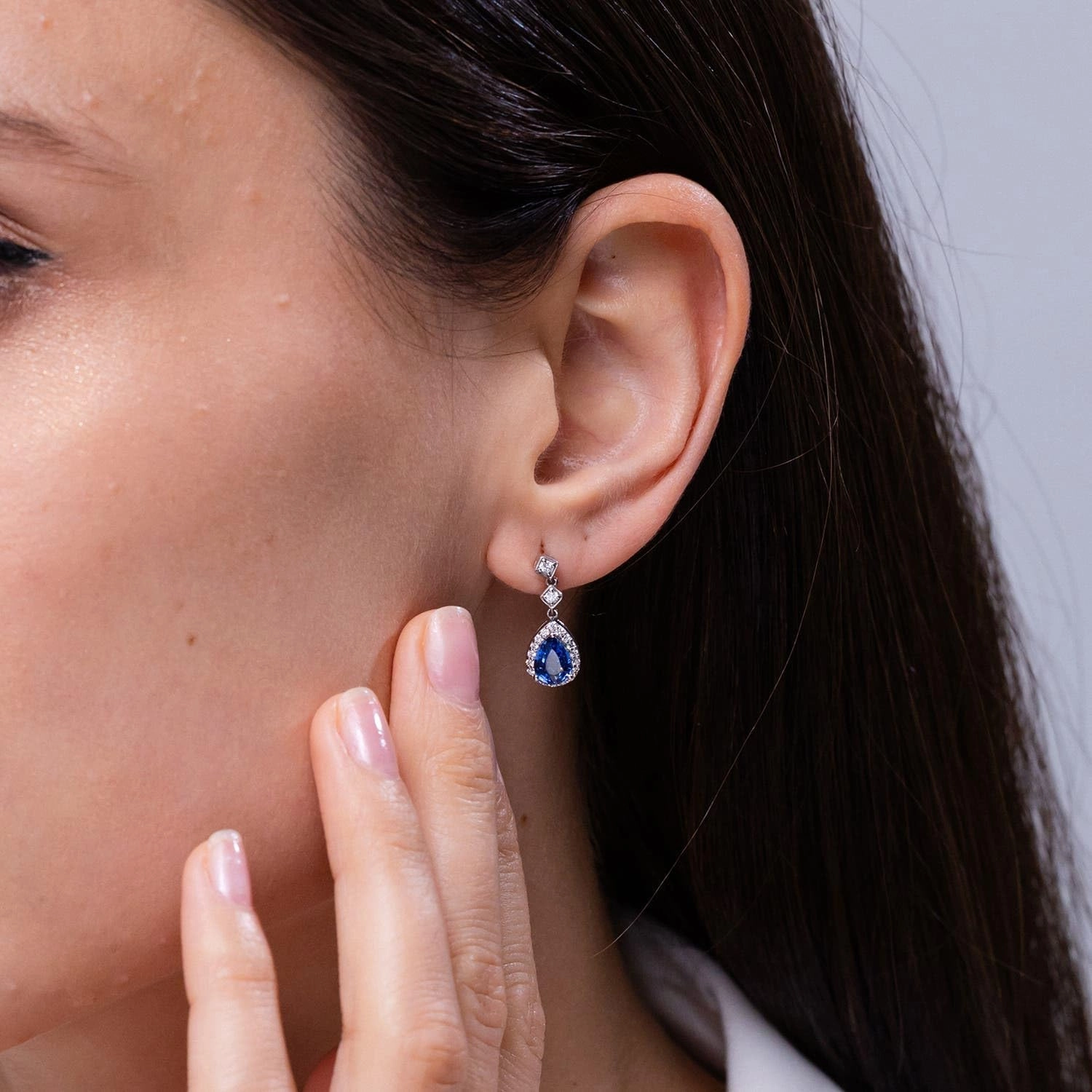 ANGARA Natural Pear Blue Sapphire Drop Earrings with Diamond Halo in 14K Solid Gold/Platinum | September Birthstone, Birthday, Engagement, Anniversary, Wedding Jewelry Gift for Women