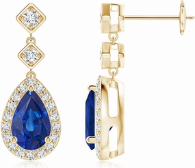 ANGARA Natural Pear Blue Sapphire Drop Earrings with Diamond Halo in 14K Solid Gold/Platinum | September Birthstone, Birthday, Engagement, Anniversary, Wedding Jewelry Gift for Women