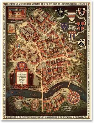 Antiguos Maps Harvard University and Radcliffe College Illustrated Campus Print | Cambridge, Massachusetts circa 1935 | Vintage Art Wall Decor | 24 x 36 inches (610 x 915 mm)