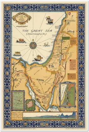 Antiguos Maps Holy Land Showing Historical Boundaries, Roads, Railways and Places Named in the New Testament circa 1923 | Vintage Wall Decor | Art Print Poster | 24 x 36 inches (610 x 915 mm)