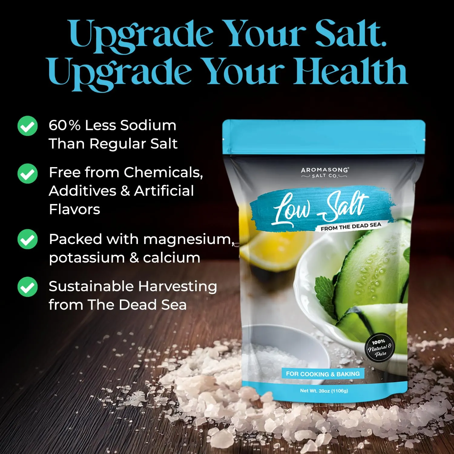 Aromasong Low Sodium Sea Salt 100% Natural Fine Grain Dead Sea Potassium Chloride with Dead Sea Salt, 39 oz (1106 g)