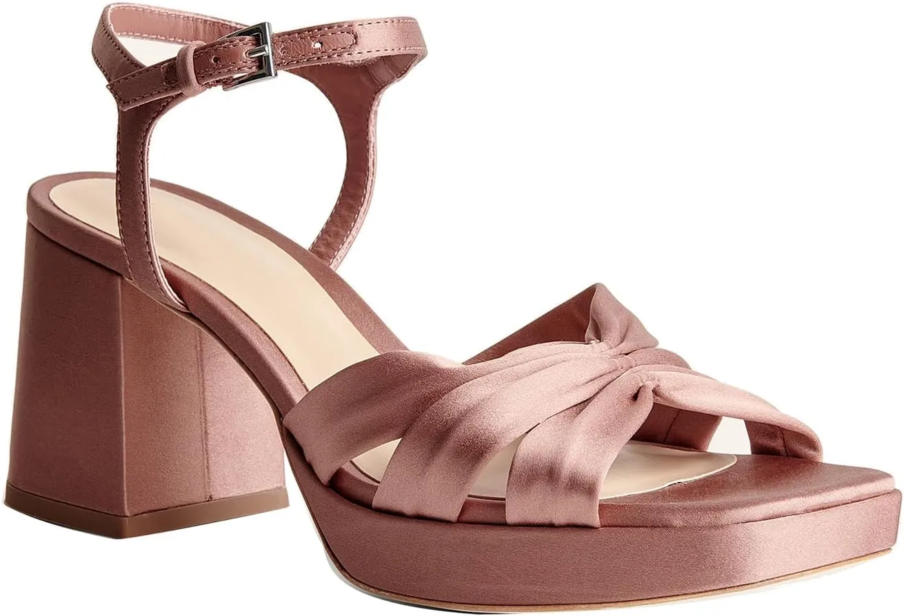 Arqa Platform Bow Sandals for Women Metallic Ruched Chunky Heels Square Open Toe Ankle Strap Block Heel Sandal