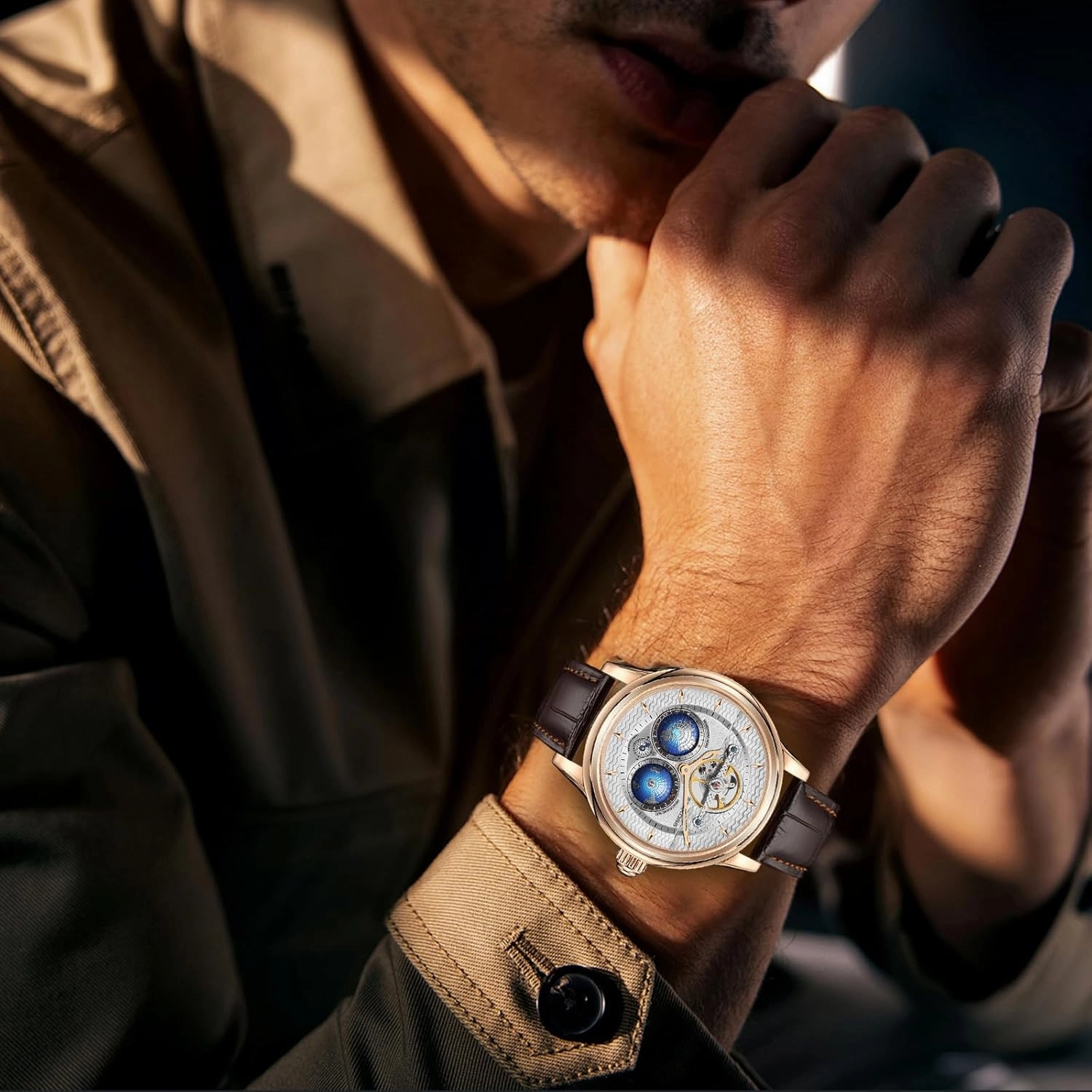 Automatic Watches for Men 47mm Automatic Mechanical Luxury Flywheel Watch 3D Double Globe Stainless Steel Case Men Wrist Watch
