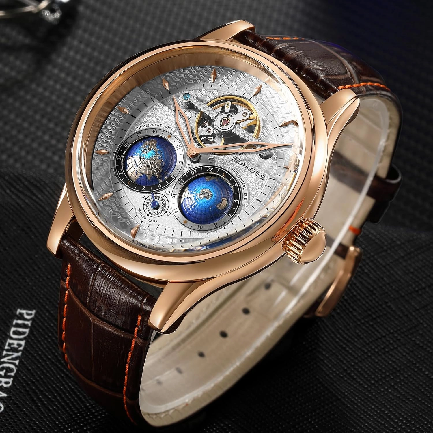 Automatic Watches for Men 47mm Automatic Mechanical Luxury Flywheel Watch 3D Double Globe Stainless Steel Case Men Wrist Watch