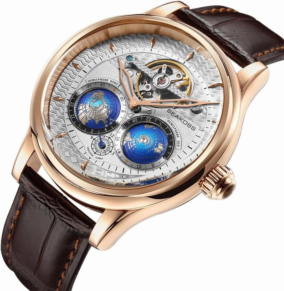 Automatic Watches for Men 47mm Automatic Mechanical Luxury Flywheel Watch 3D Double Globe Stainless Steel Case Men Wrist Watch