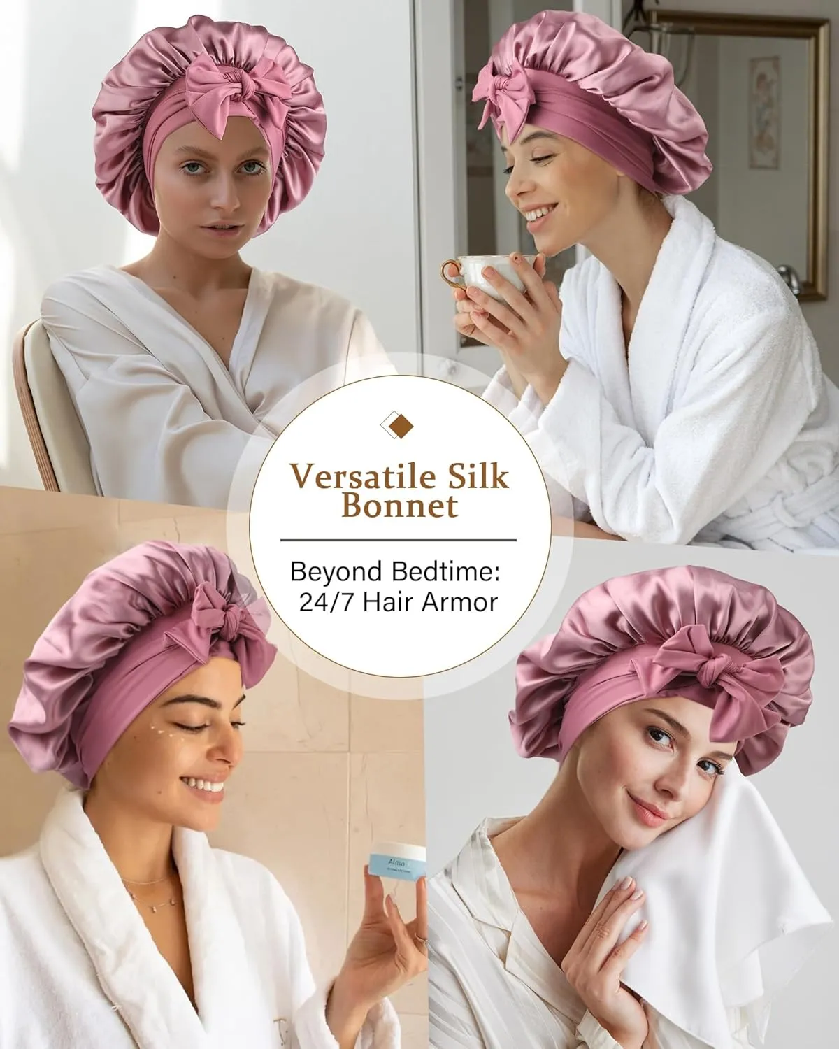 AWAYTR Mulberry Silk Bonnet for Sleeping - Silk Sleep Bonnet with Tie Band for Curly Hair Men and Women (Rose Gold)