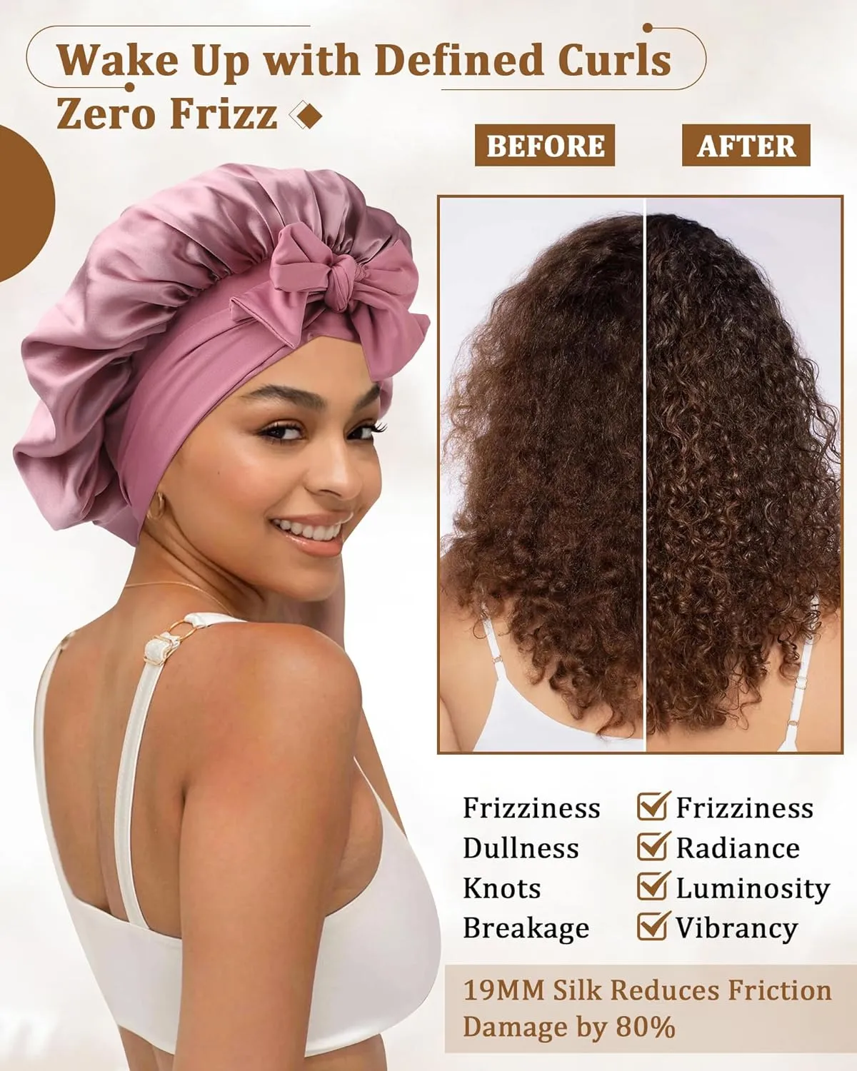 AWAYTR Mulberry Silk Bonnet for Sleeping - Silk Sleep Bonnet with Tie Band for Curly Hair Men and Women (Rose Gold)