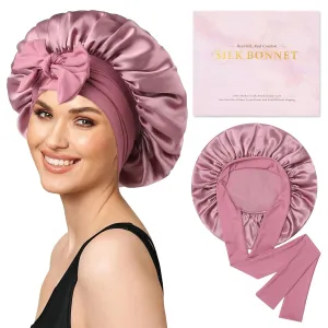 AWAYTR Mulberry Silk Bonnet for Sleeping - Silk Sleep Bonnet with Tie Band for Curly Hair Men and Women (Rose Gold)
