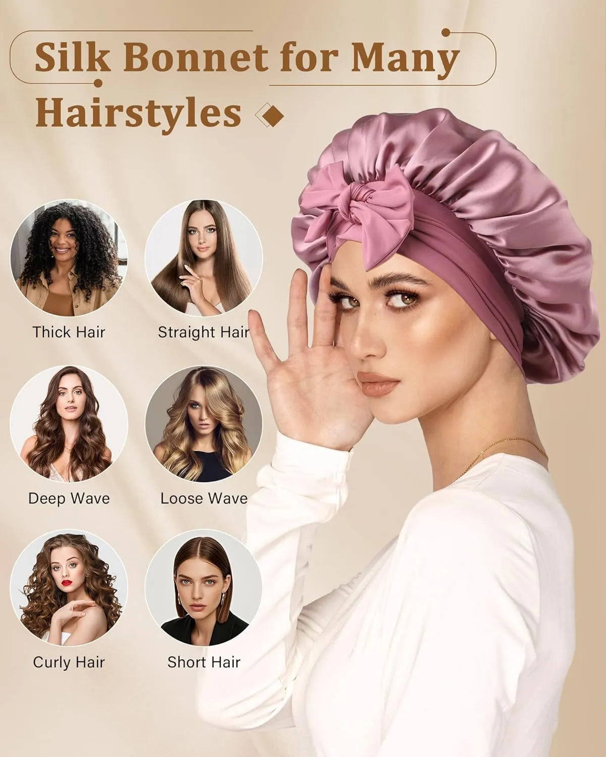 AWAYTR Mulberry Silk Bonnet for Sleeping - Silk Sleep Bonnet with Tie Band for Curly Hair Men and Women (Rose Gold)