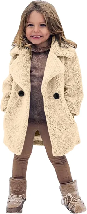 Baby Girls Faux Fur Teddy Long Coat Toddler Kids Winter Fleece Jacket Fluffy Jacket Warm Trench Outwear Overcoat