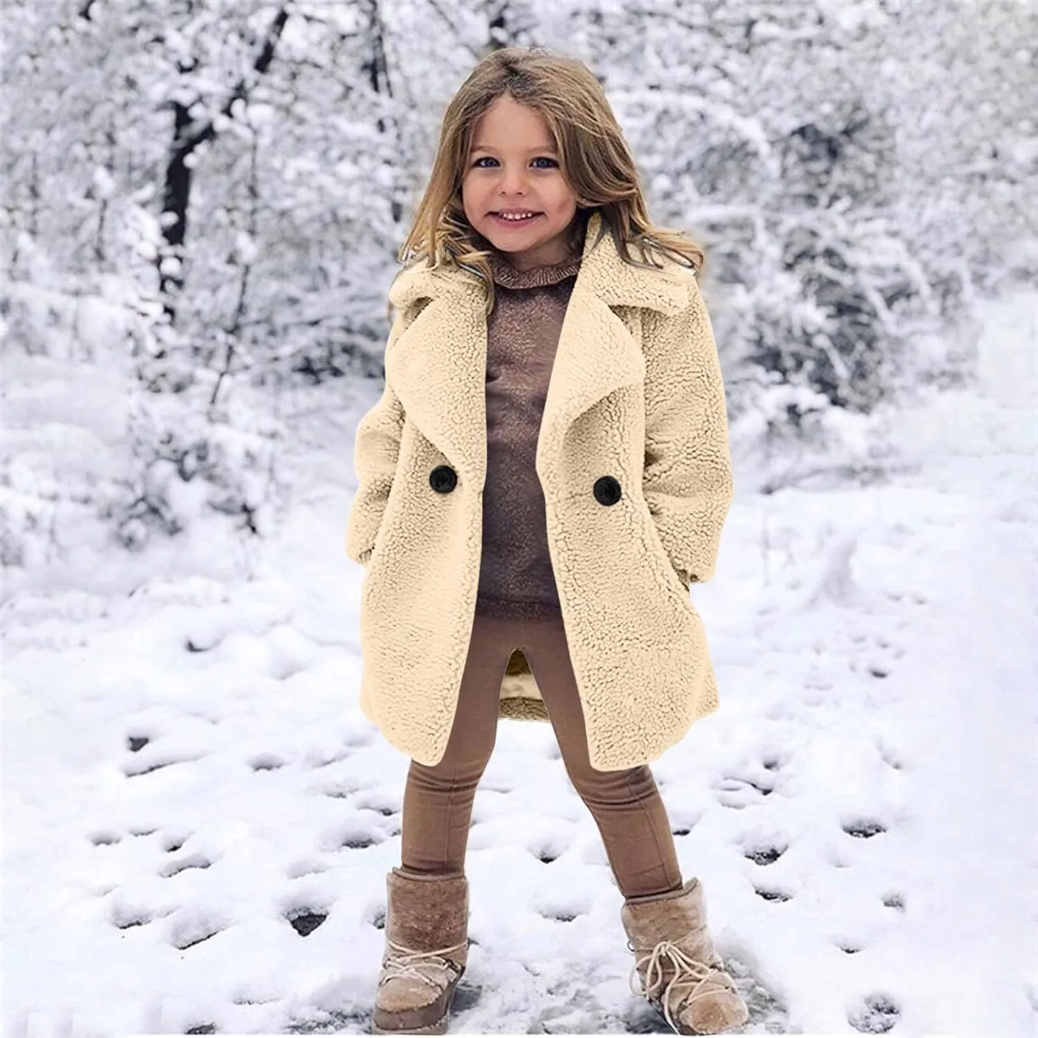 Baby Girls Faux Fur Teddy Long Coat Toddler Kids Winter Fleece Jacket Fluffy Jacket Warm Trench Outwear Overcoat
