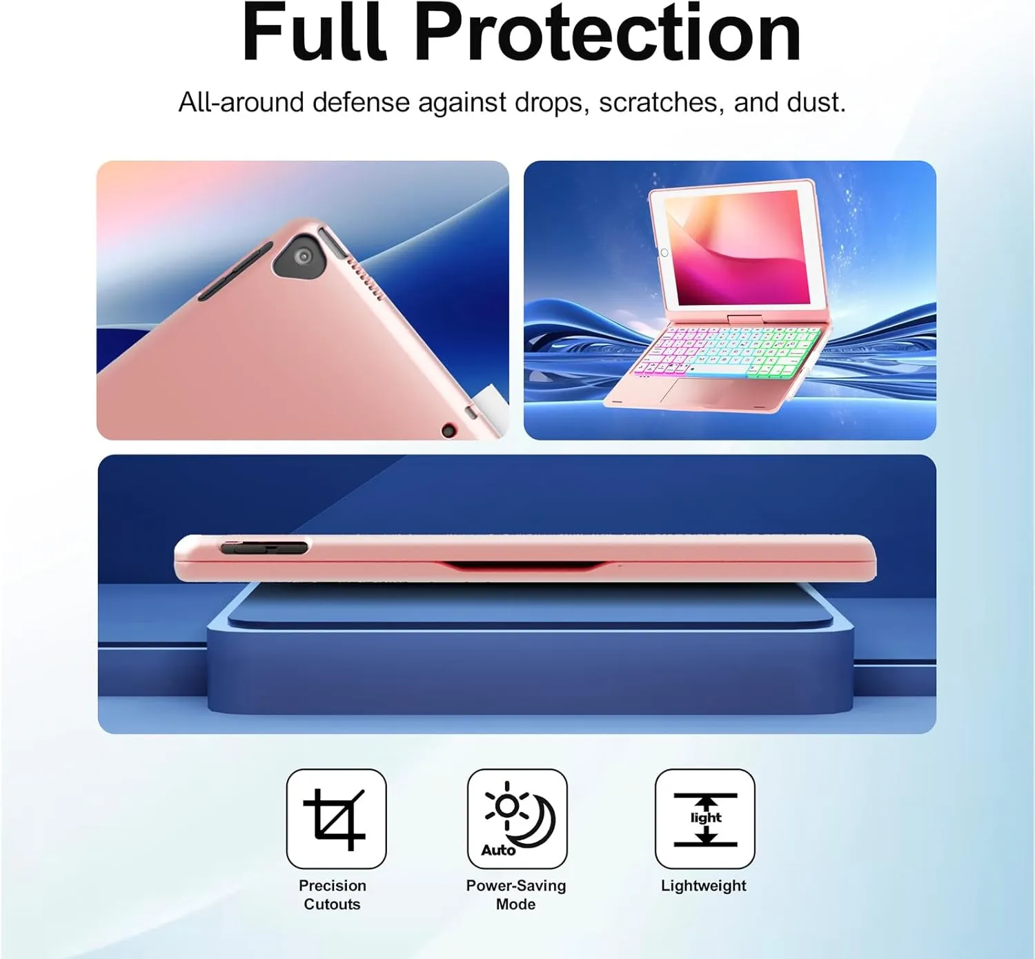 Baisla iPad 9th Generation Case with Keyboard 10.2" (2021), 360° Rotatable with Trackpad & Rainbow Backlit, iPad Keyboard case for 9th/8th/7th, iPad Air 3, iPad Pro 10.5 (Metallic Pink)