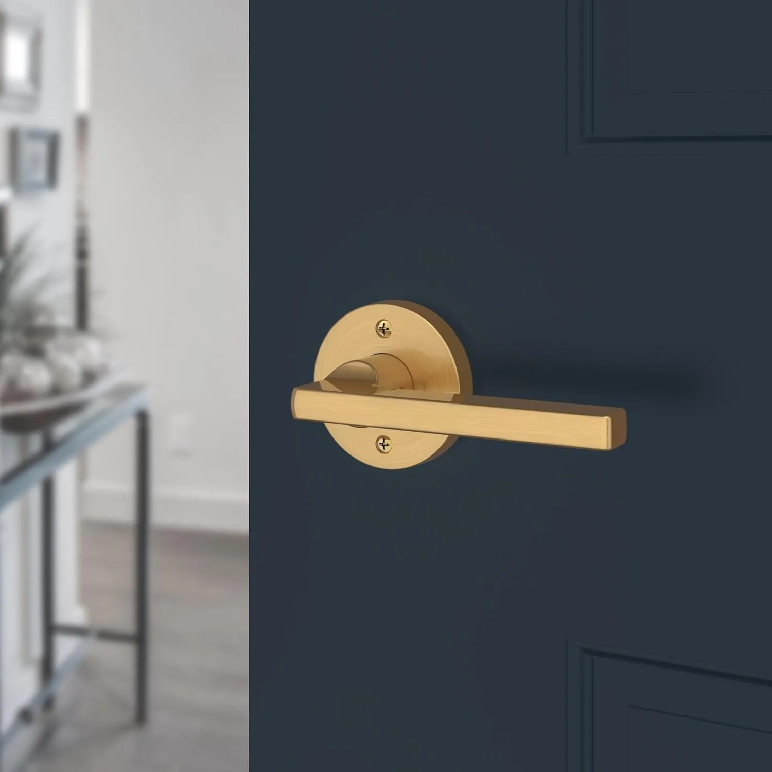 Baldwin PS.SQU.CRR Square Passage Leverset with Contemporary Round Rose - Lifetime Satin Brass
