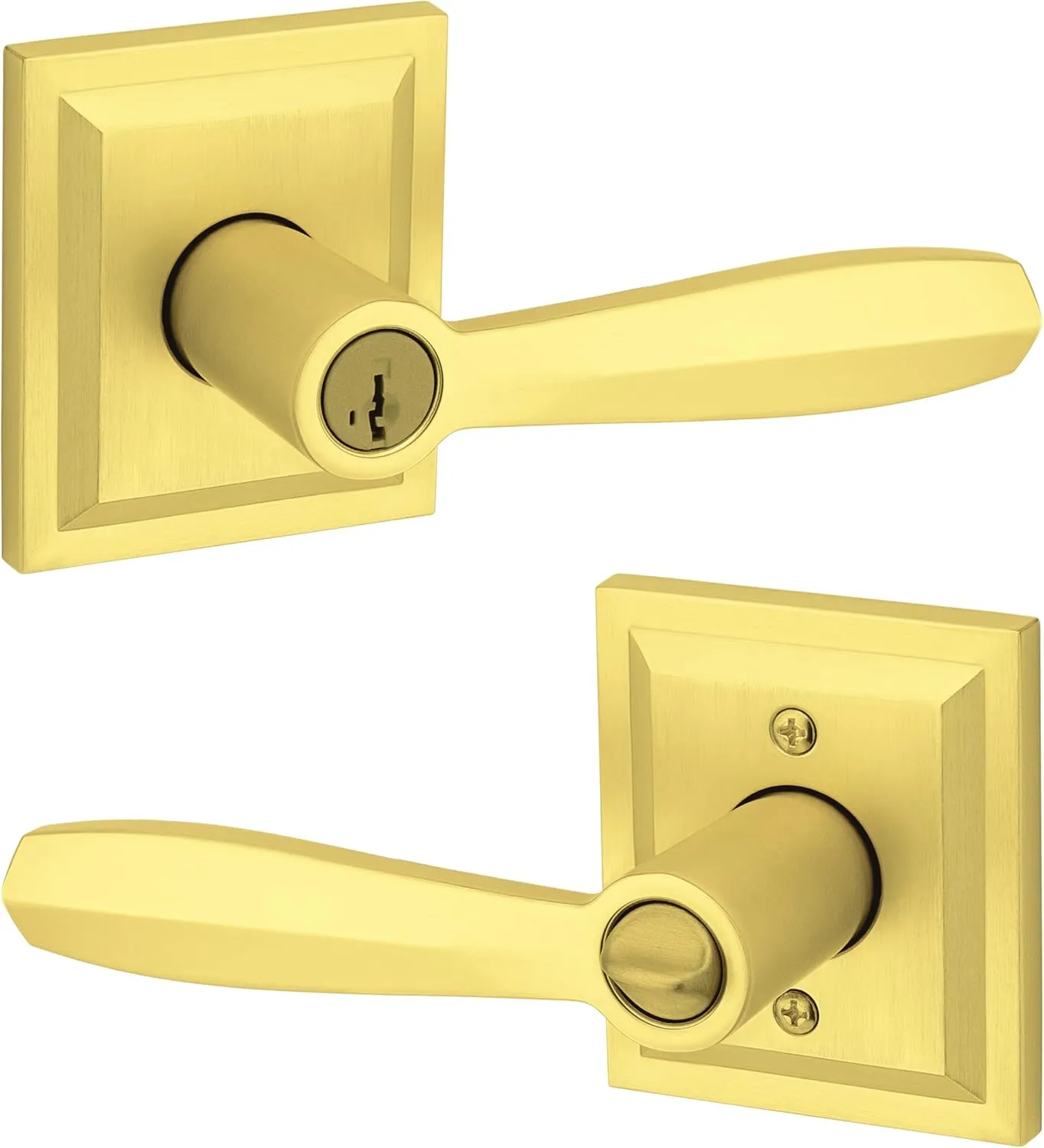 Baldwin Torrey Pines, Entry Door Handle Reversible Lever with Keyed Lock Featuring SmartKey Re-key Technology and Microban Protection, in Satin Brass