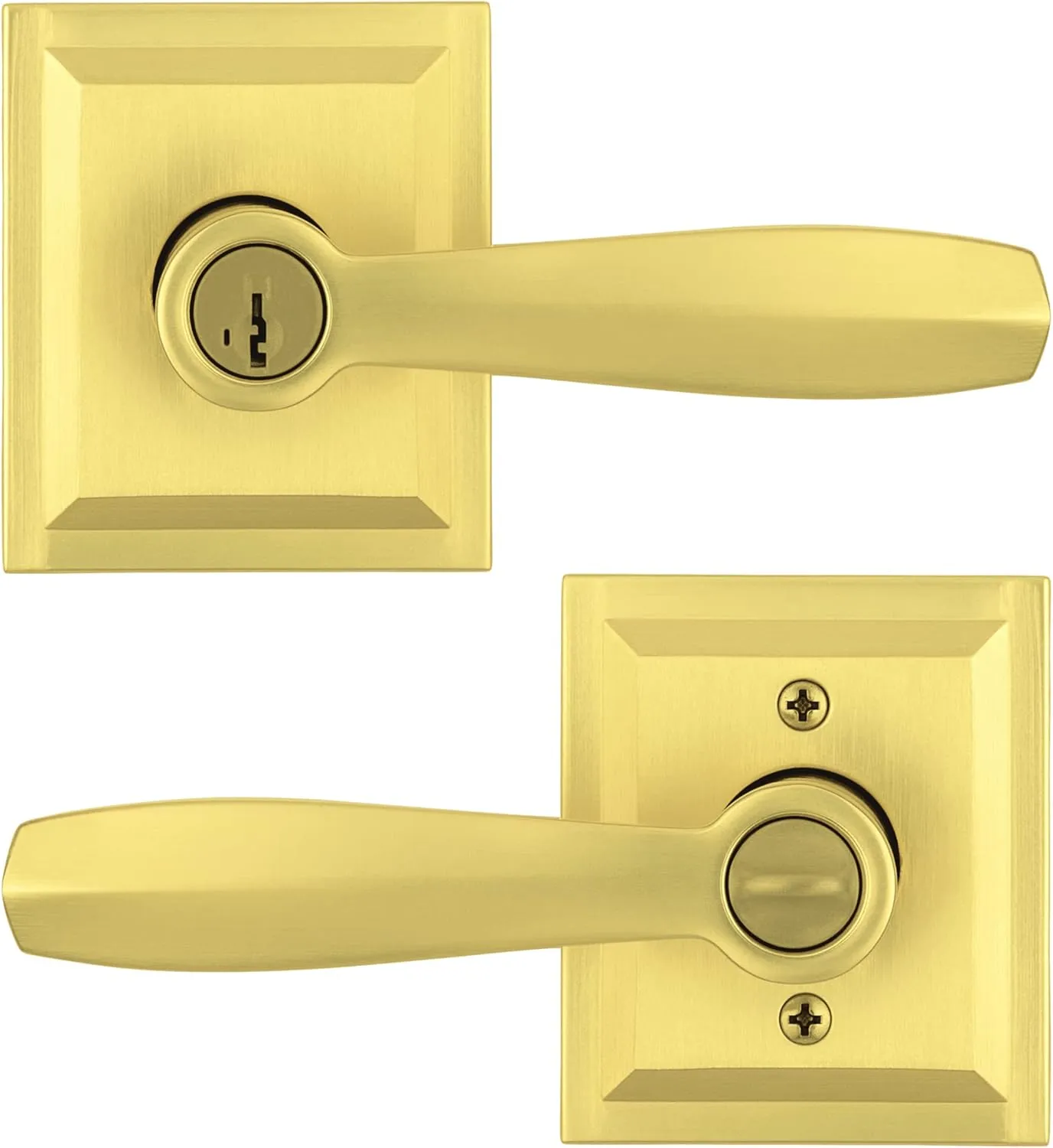 Baldwin Torrey Pines, Entry Door Handle Reversible Lever with Keyed Lock Featuring SmartKey Re-key Technology and Microban Protection, in Satin Brass