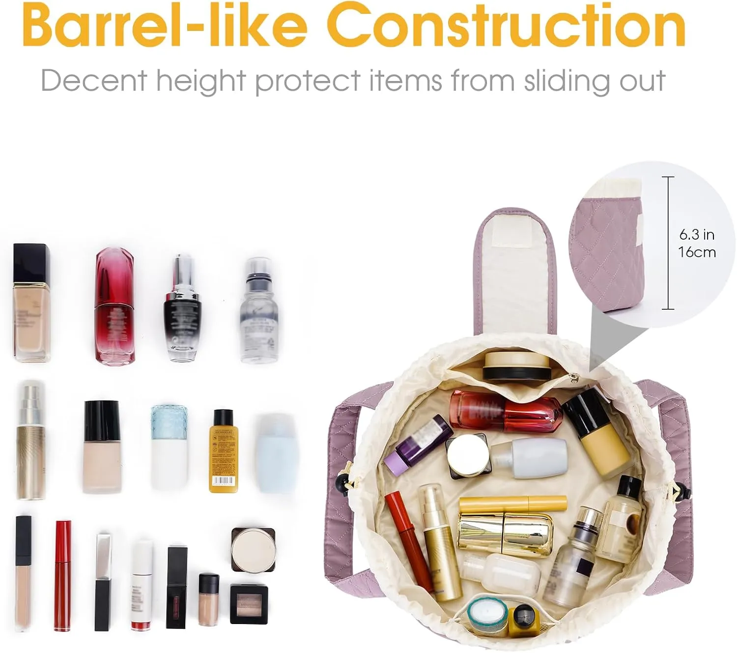 Barrel Drawstring Makeup Bag Large Cosmetic Bag Make up Bags Women Toiletry Organizer for Travel Toiletries Accessories Essentials (Quilted Dusty Rose) (Patent)