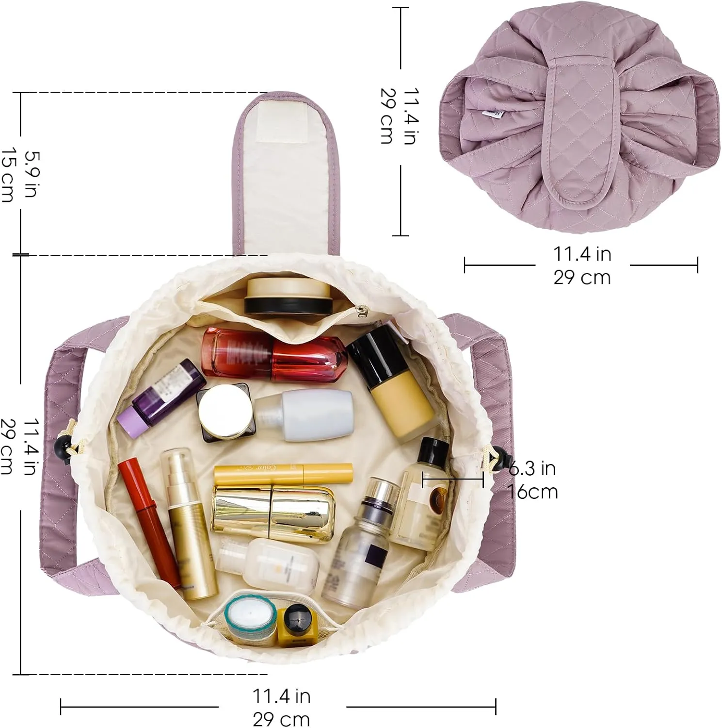 Barrel Drawstring Makeup Bag Large Cosmetic Bag Make up Bags Women Toiletry Organizer for Travel Toiletries Accessories Essentials (Quilted Dusty Rose) (Patent)