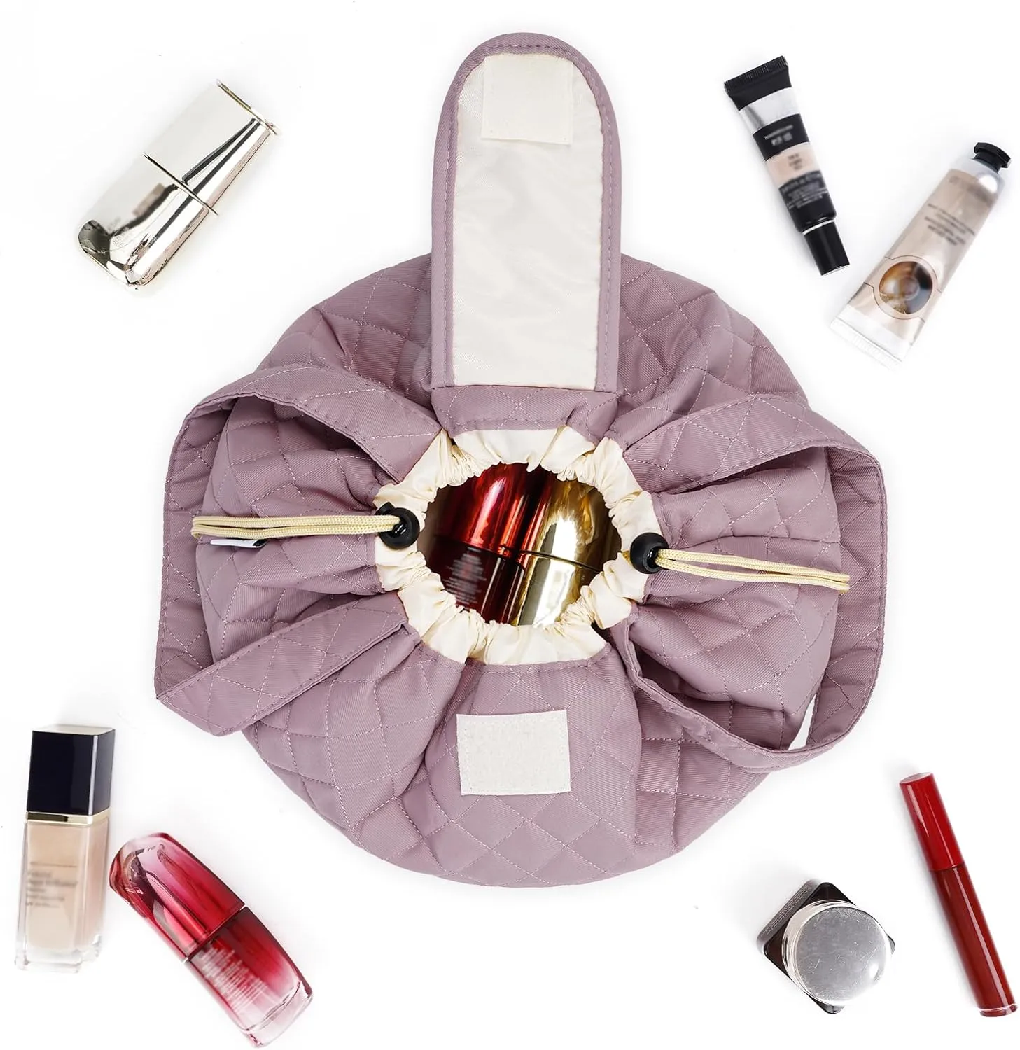 Barrel Drawstring Makeup Bag Large Cosmetic Bag Make up Bags Women Toiletry Organizer for Travel Toiletries Accessories Essentials (Quilted Dusty Rose) (Patent)
