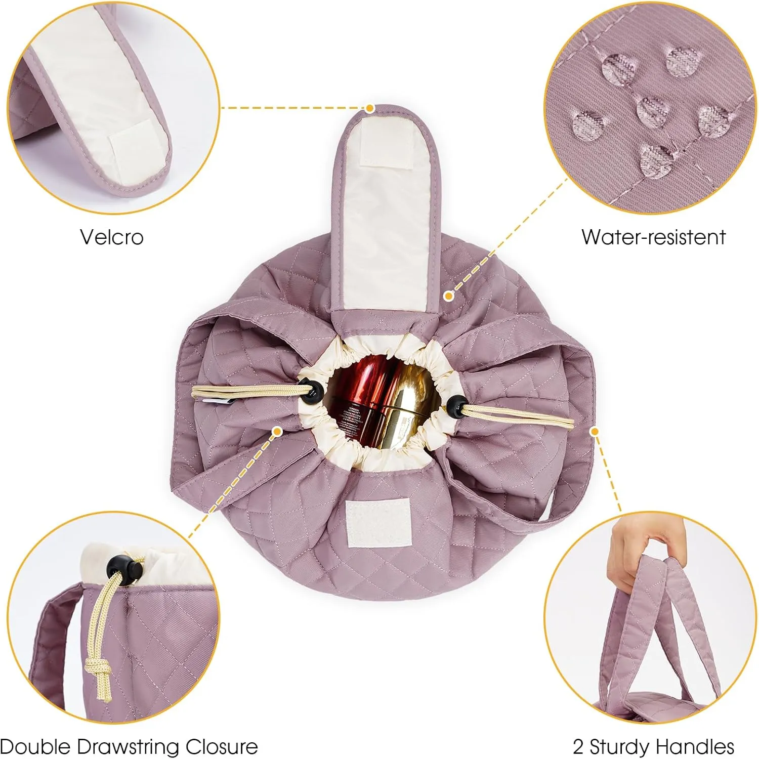 Barrel Drawstring Makeup Bag Large Cosmetic Bag Make up Bags Women Toiletry Organizer for Travel Toiletries Accessories Essentials (Quilted Dusty Rose) (Patent)