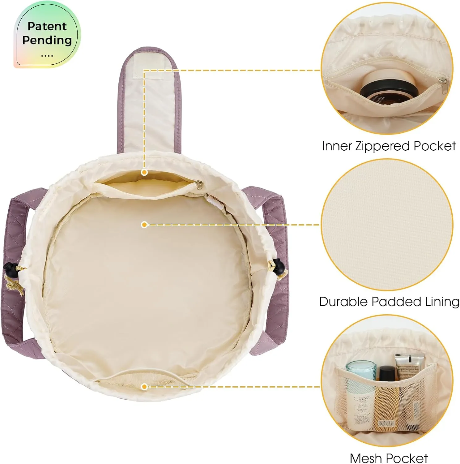 Barrel Drawstring Makeup Bag Large Cosmetic Bag Make up Bags Women Toiletry Organizer for Travel Toiletries Accessories Essentials (Quilted Dusty Rose) (Patent)
