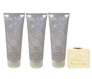 Bath & Body Works Satin Slippers 3 Pack Ultimate Hydration Body Cream Bundle with a Creamy Rose Bar Soap - Full Size