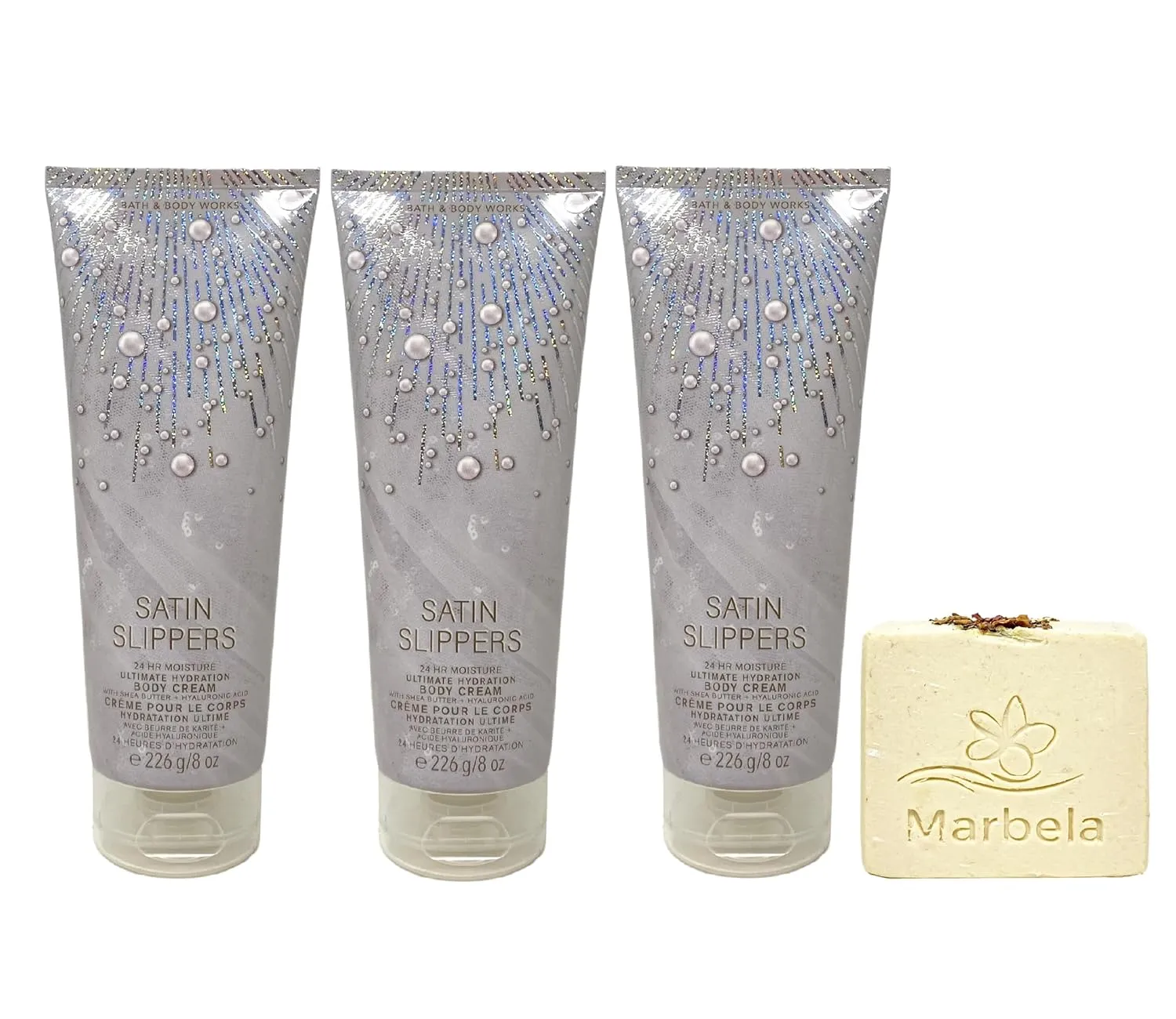 Bath & Body Works Satin Slippers 3 Pack Ultimate Hydration Body Cream Bundle with a Creamy Rose Bar Soap - Full Size