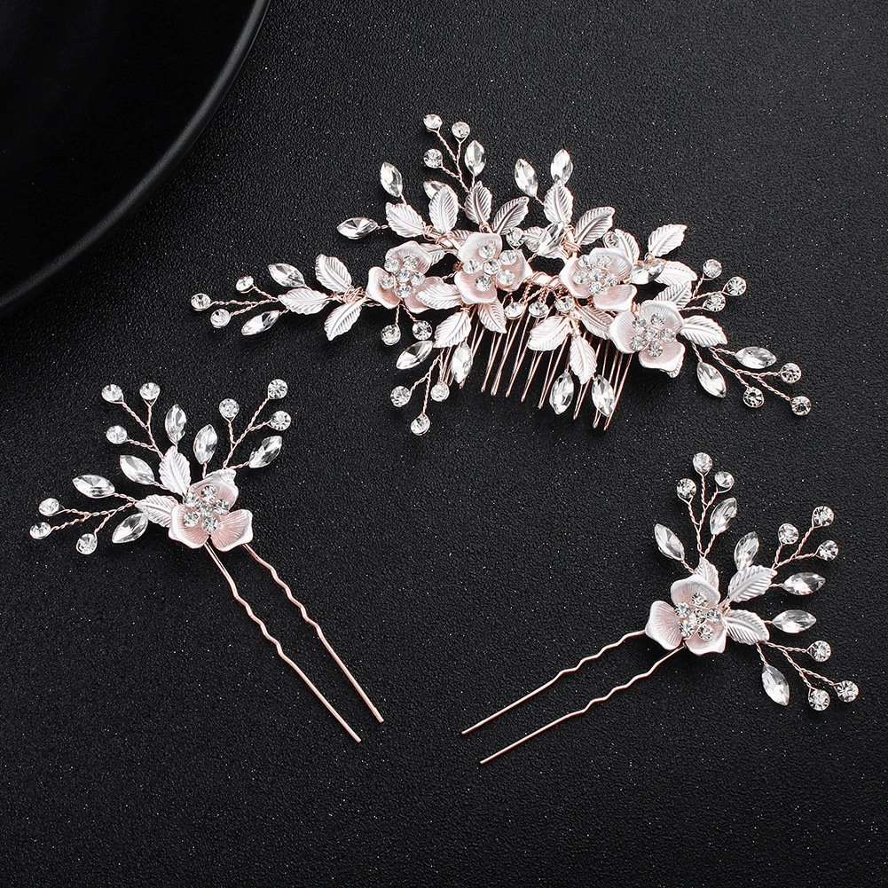 Beautiful Floral Rose Gold Wedding Hair Comb With Clear Crystal Side Bridal Comb with 2 Hair Pins, Hair Sticks