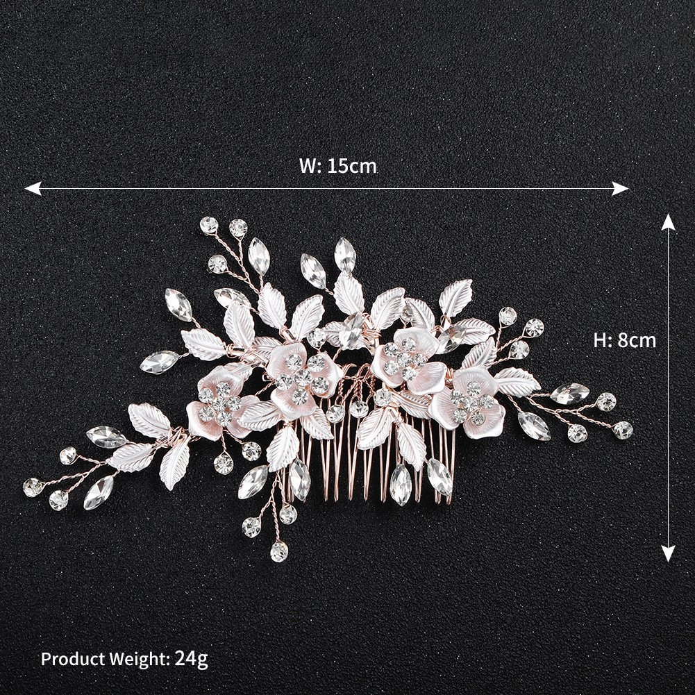 Beautiful Floral Rose Gold Wedding Hair Comb With Clear Crystal Side Bridal Comb with 2 Hair Pins, Hair Sticks
