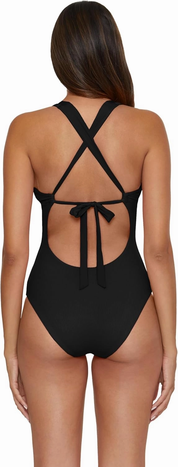 BECCA Women's Modern Edge One Piece Swimsuit, Plunge Neck, Criss Cross, Bathing Suits