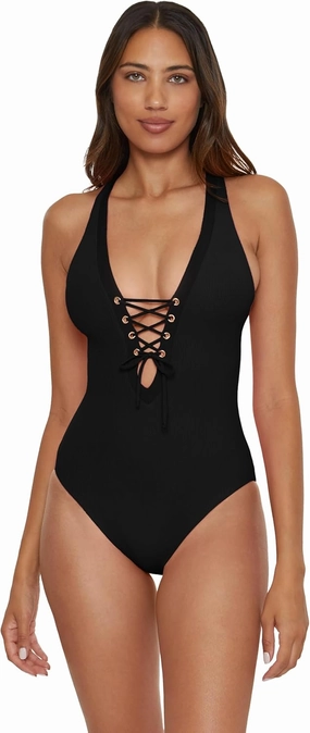BECCA Women's Modern Edge One Piece Swimsuit, Plunge Neck, Criss Cross, Bathing Suits