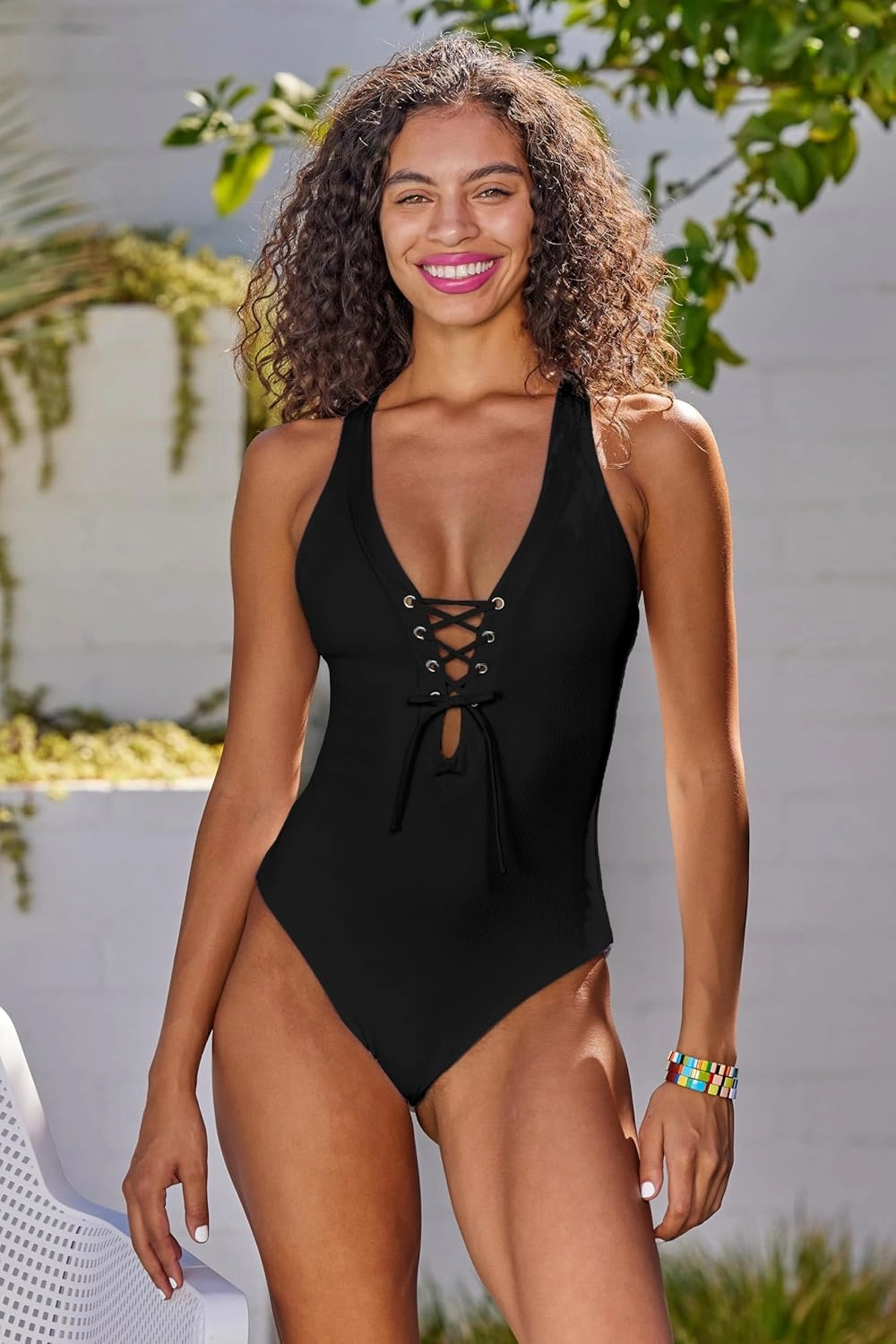 BECCA Women's Modern Edge One Piece Swimsuit, Plunge Neck, Criss Cross, Bathing Suits