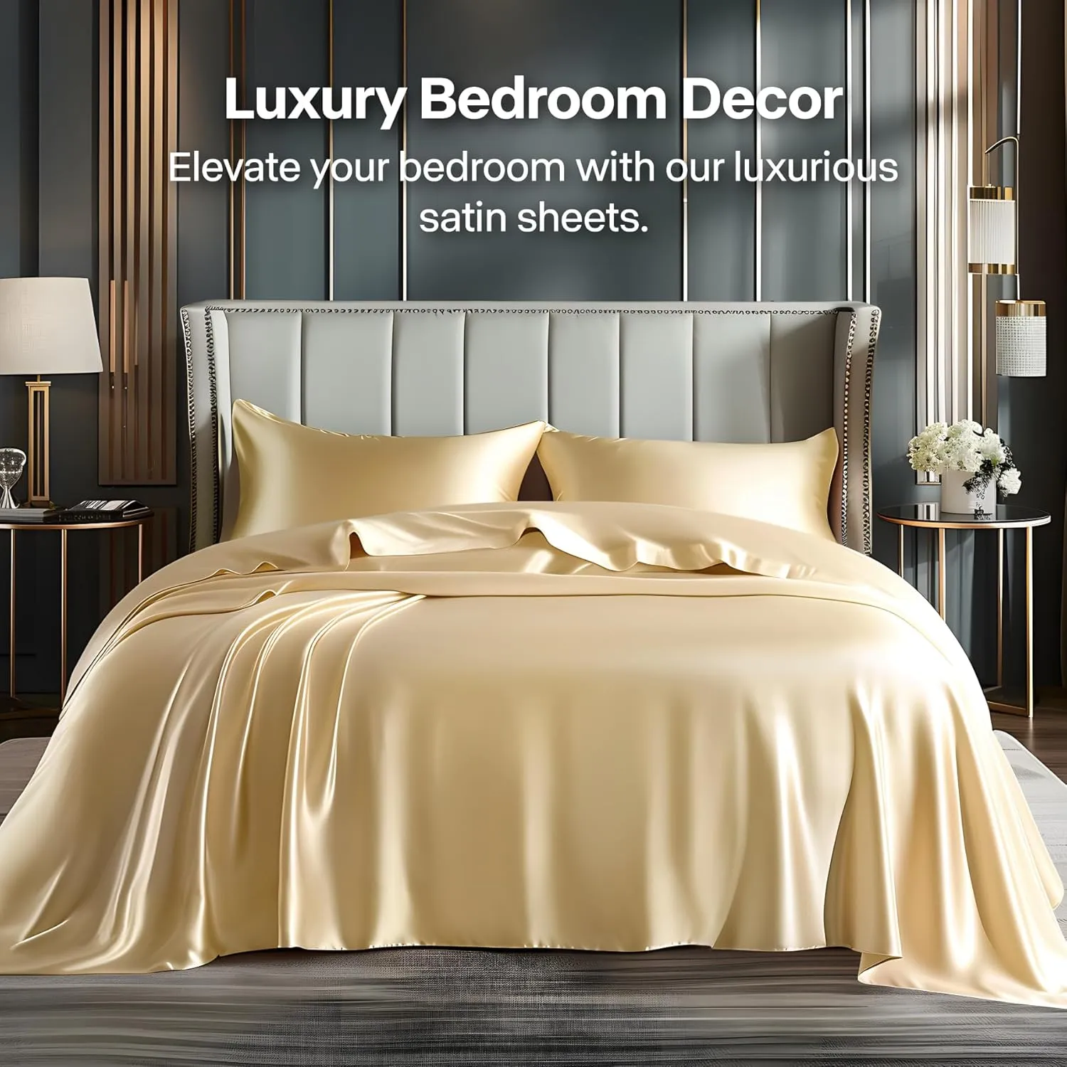 BEDELITE Satin Sheets Queen Size Bed Set, Luxury Soft Champagne Silky Sheets for Hair and Skin, Similar to Silk Bed Sheets Set 4 Pieces with 1 Deep Pocket Fitted Sheet, 1 Flat Sheet, and 2 Pillowcases