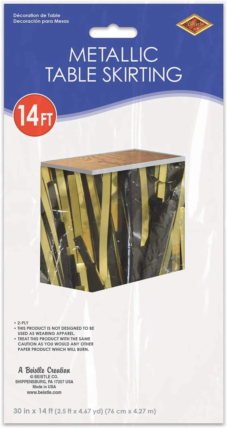 Beistle Metallic Plastic 2-Ply Table Skirting Tableware New Years Eve Party Supplies Birthday Decorations, 30" x 14', Black/Gold