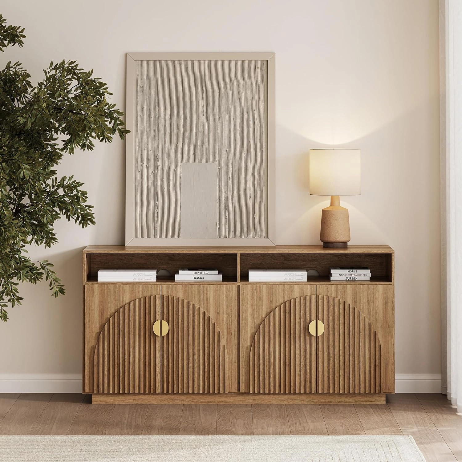 BELLEZE Set of 2 65 Inch Fluted TV Stand, Mid Century Modern Entertainment Center with Storage Cabinets & Open Shelves, Media Console TV Cabinet with Adjustable Shelves for Living Room, Caramel Brown