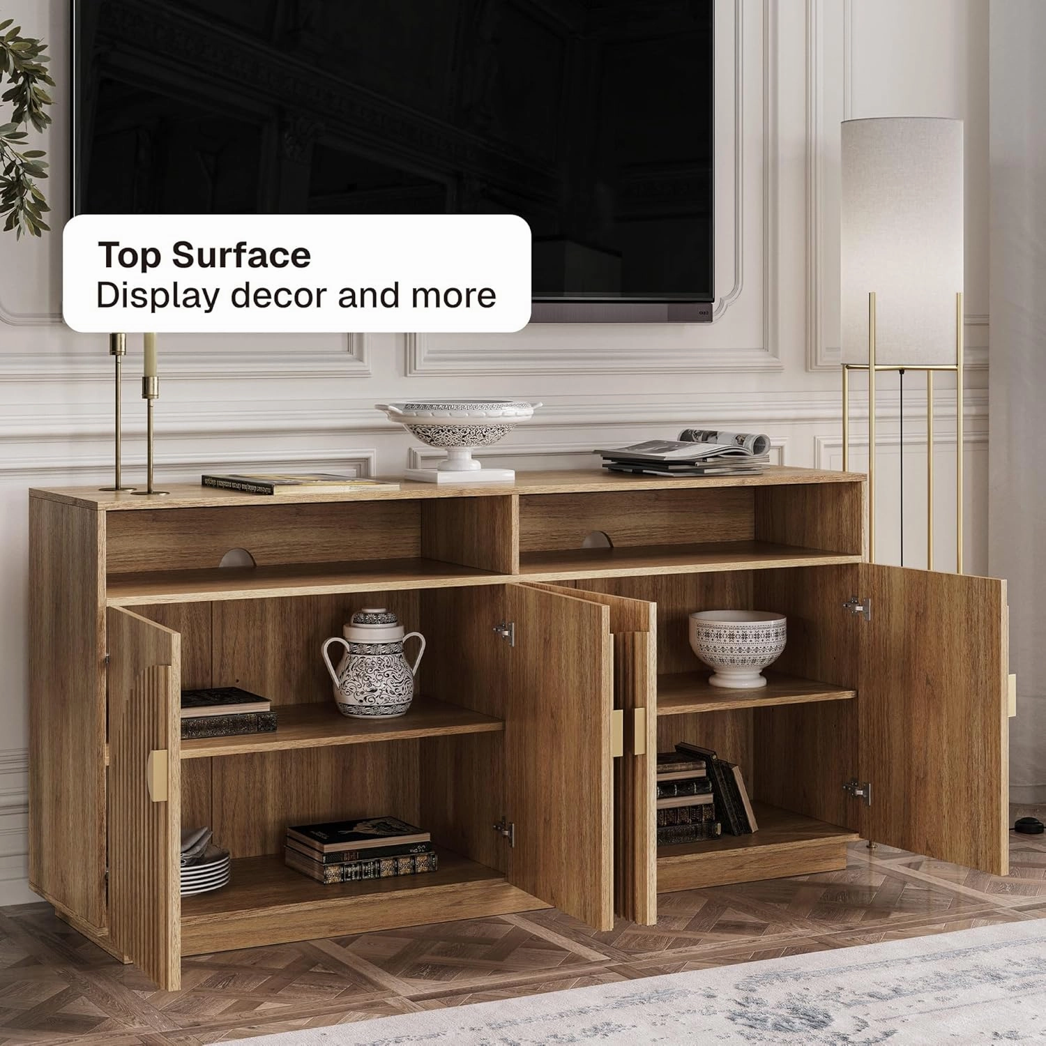 BELLEZE Set of 2 65 Inch Fluted TV Stand, Mid Century Modern Entertainment Center with Storage Cabinets & Open Shelves, Media Console TV Cabinet with Adjustable Shelves for Living Room, Caramel Brown