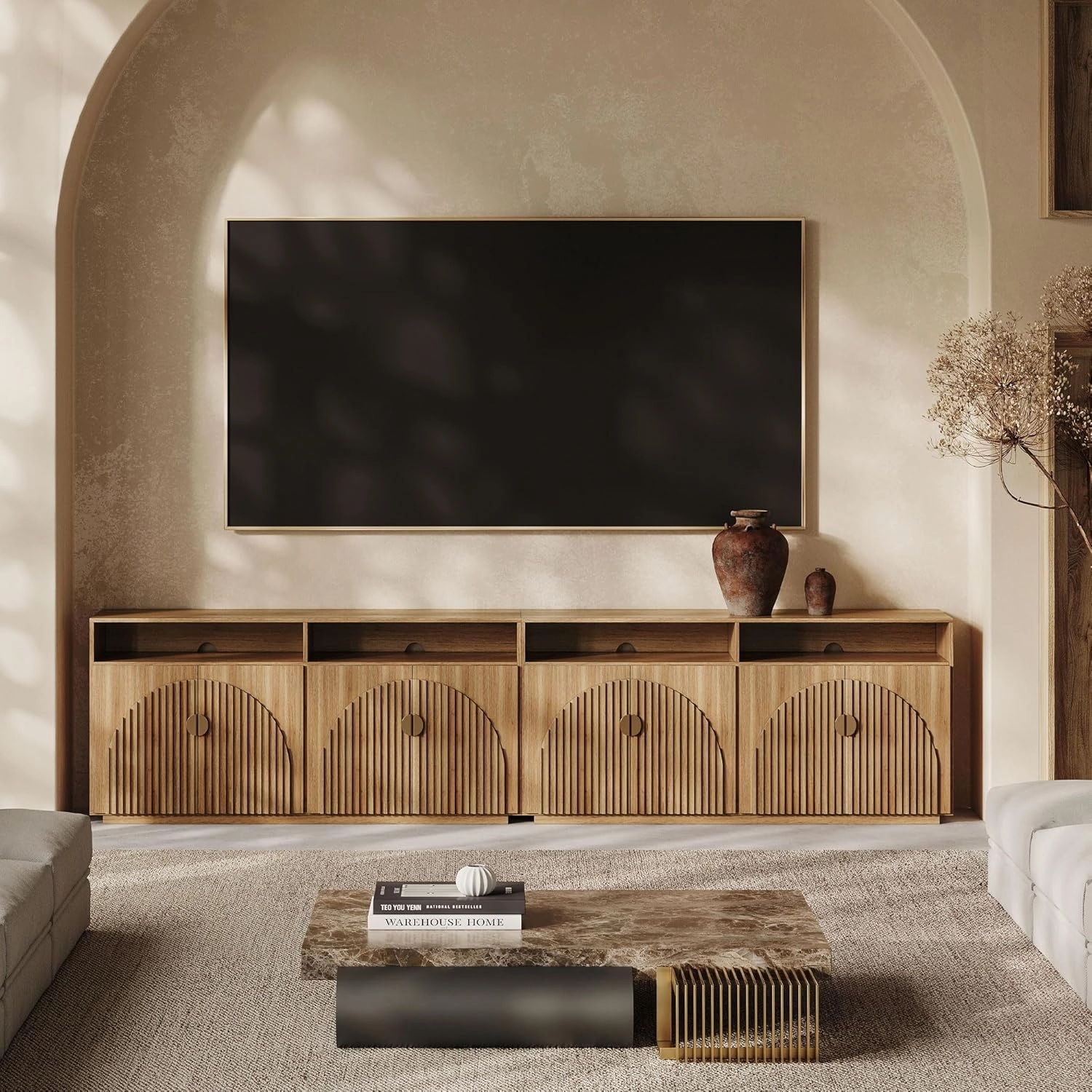 BELLEZE Set of 2 65 Inch Fluted TV Stand, Mid Century Modern Entertainment Center with Storage Cabinets & Open Shelves, Media Console TV Cabinet with Adjustable Shelves for Living Room, Caramel Brown