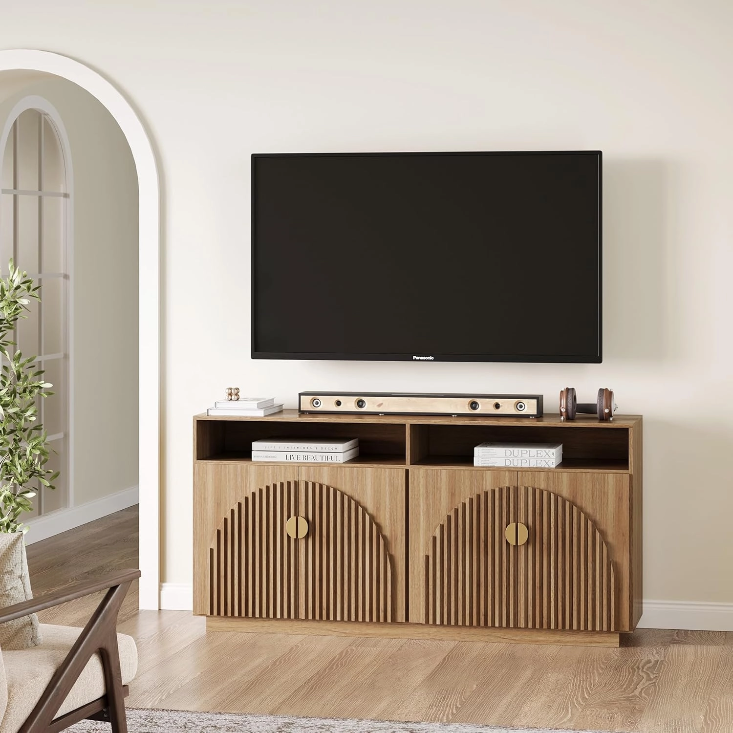 BELLEZE Set of 2 65 Inch Fluted TV Stand, Mid Century Modern Entertainment Center with Storage Cabinets & Open Shelves, Media Console TV Cabinet with Adjustable Shelves for Living Room, Caramel Brown